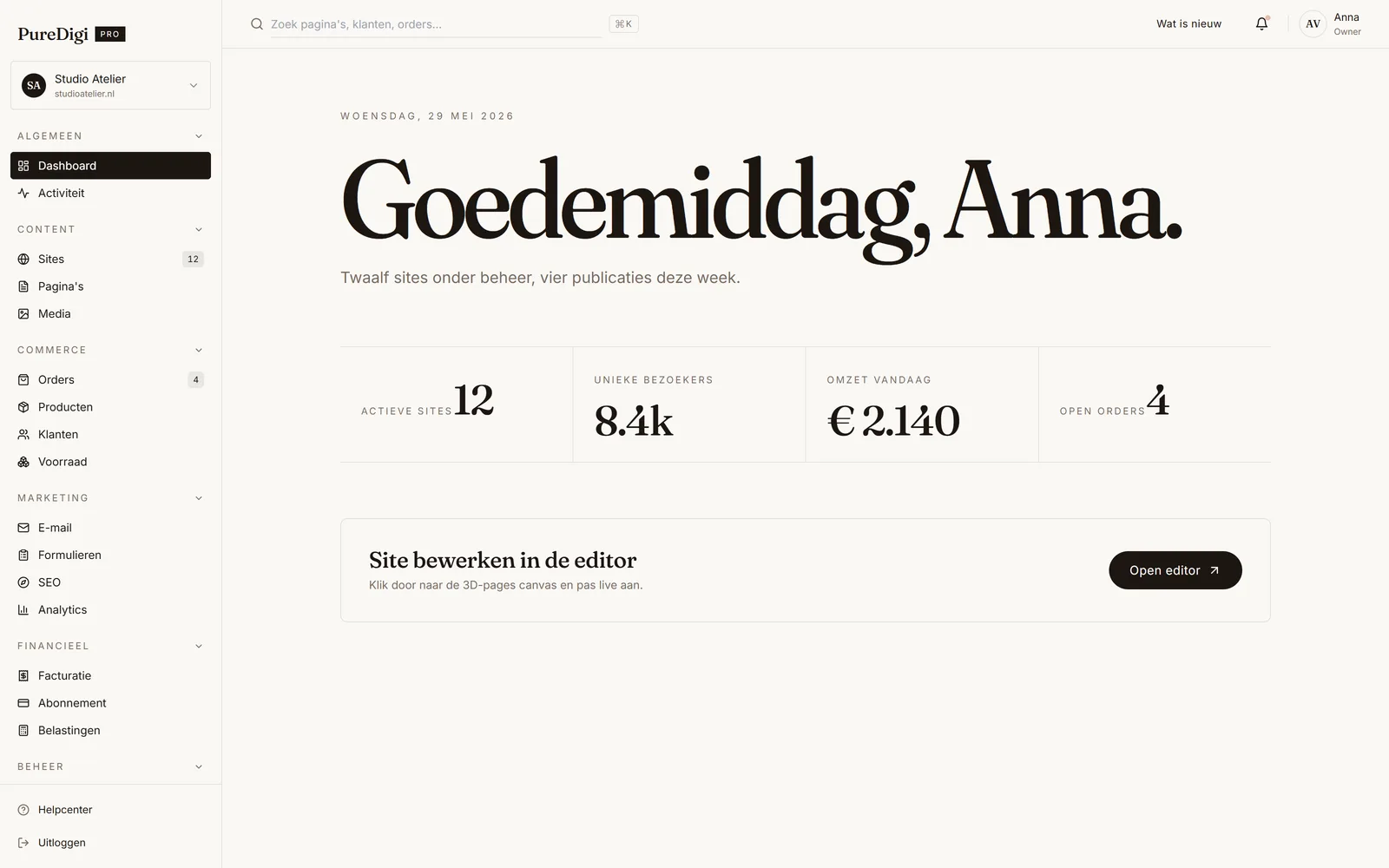 Het klant-dashboard: begroeting, bezoekers, omzet en open orders